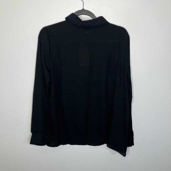 NWT ELIE TAHARI Black Lace Inset Collared Button Blouse Long Sleeve Large - Picture 2 of 5